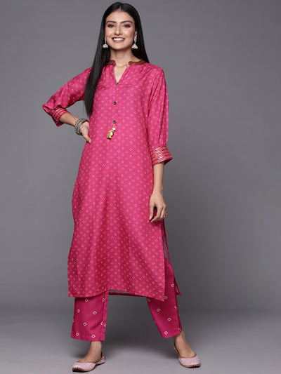 Indyancart VA Women's Pink Bandhani Printed Sequinned Kurta with Trousers