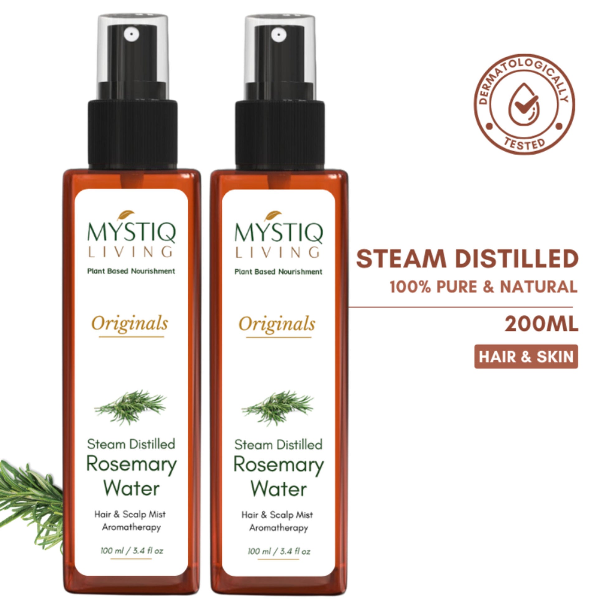 Mystiq Living Rosemary Water Hair Spray, Promotes Hair Growth, Anti Frizz & Damage Control - Pack 2