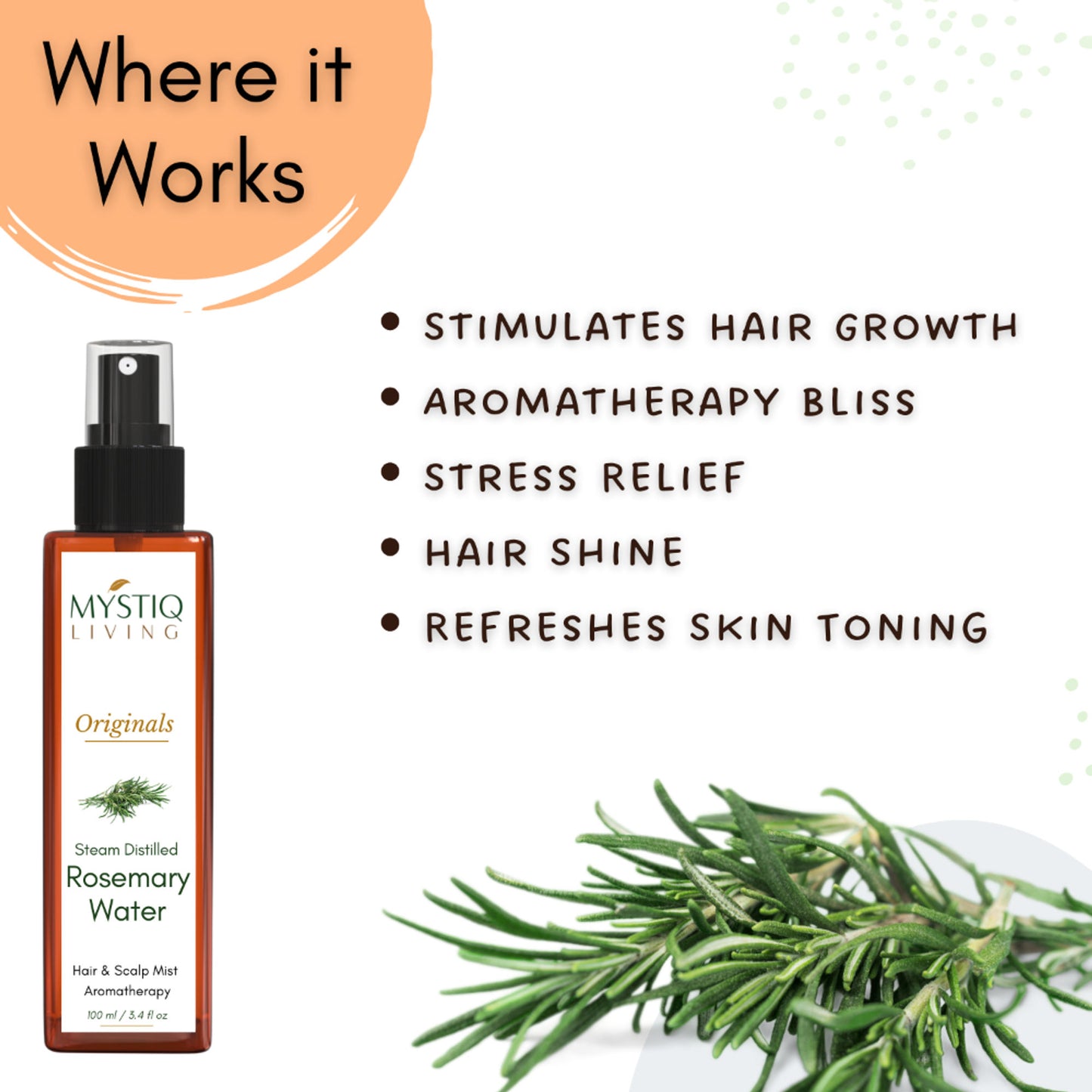 Mystiq Living Rosemary Water Hair Spray, Promotes Hair Growth, Anti Frizz & Damage Control - Pack 2