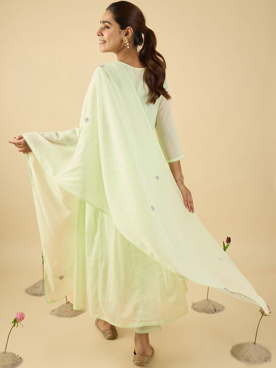 Indyancart IE Floral Embroidered V Neck A Line Pure Cotton Kurta With Trousers & Dupatta
