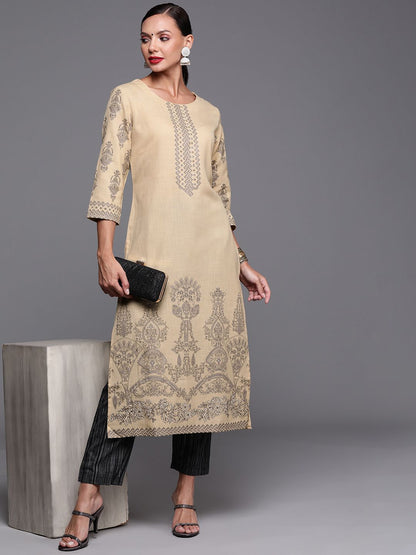 Indyancart IE Women Beige & Grey Ethnic Motifs Foil Print Straight Kurta
