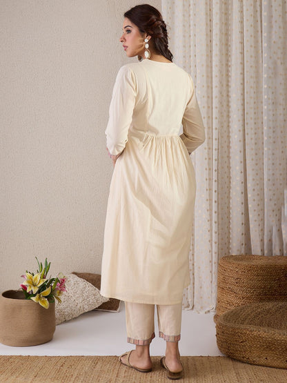 Dhiyona IE Embroidered V-Neck A-Line Top With Trousers Co-Ords