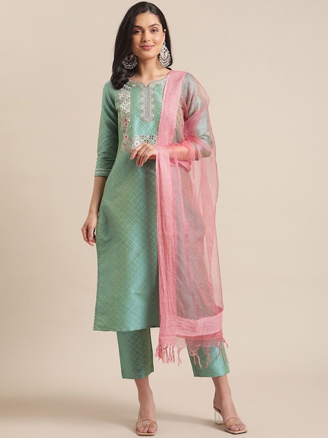 Indyancart VA Women's Ethnic Motifs Thread Work Kurta with Trousers & With Dupatta