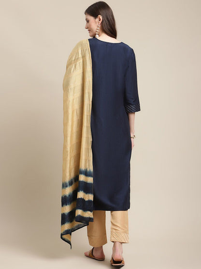 Indyancart VA Women's Navy Blue Floral Embroidered Kurti Set With Dupatta