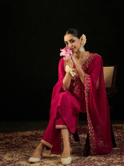 Indyancart IE Notched Neck Ethnic Embroidered Sequinned Liva Kurta with Trouser & Dupatta