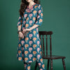 Indyancart IE Floral Printed Pleated Pure Cotton Kurta with Trousers