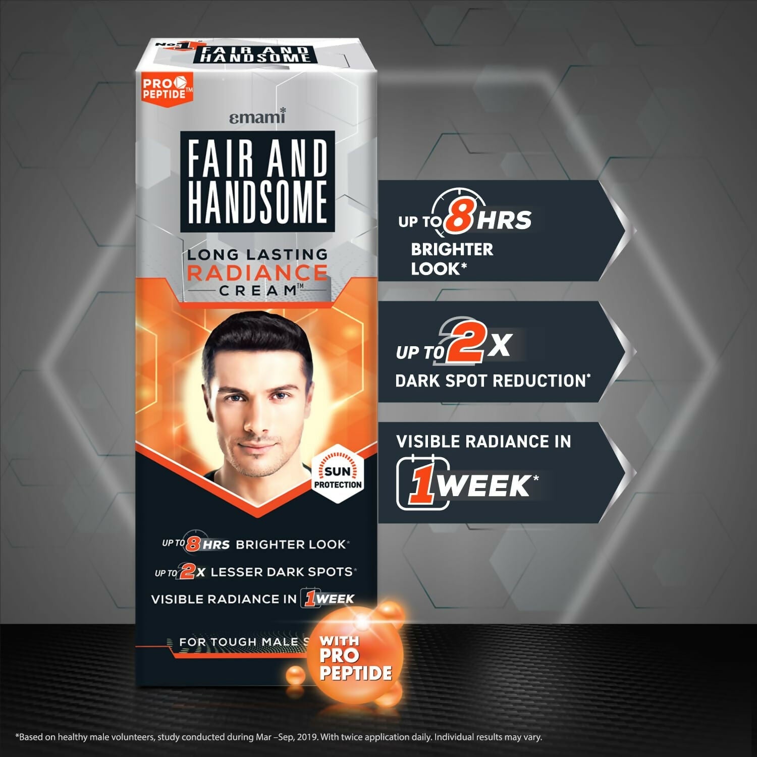 Fair and Handsome Long Lasting Radiance Cream Pro-Peptide by Emami, a face cream with a smooth, creamy texture and radiant finish.