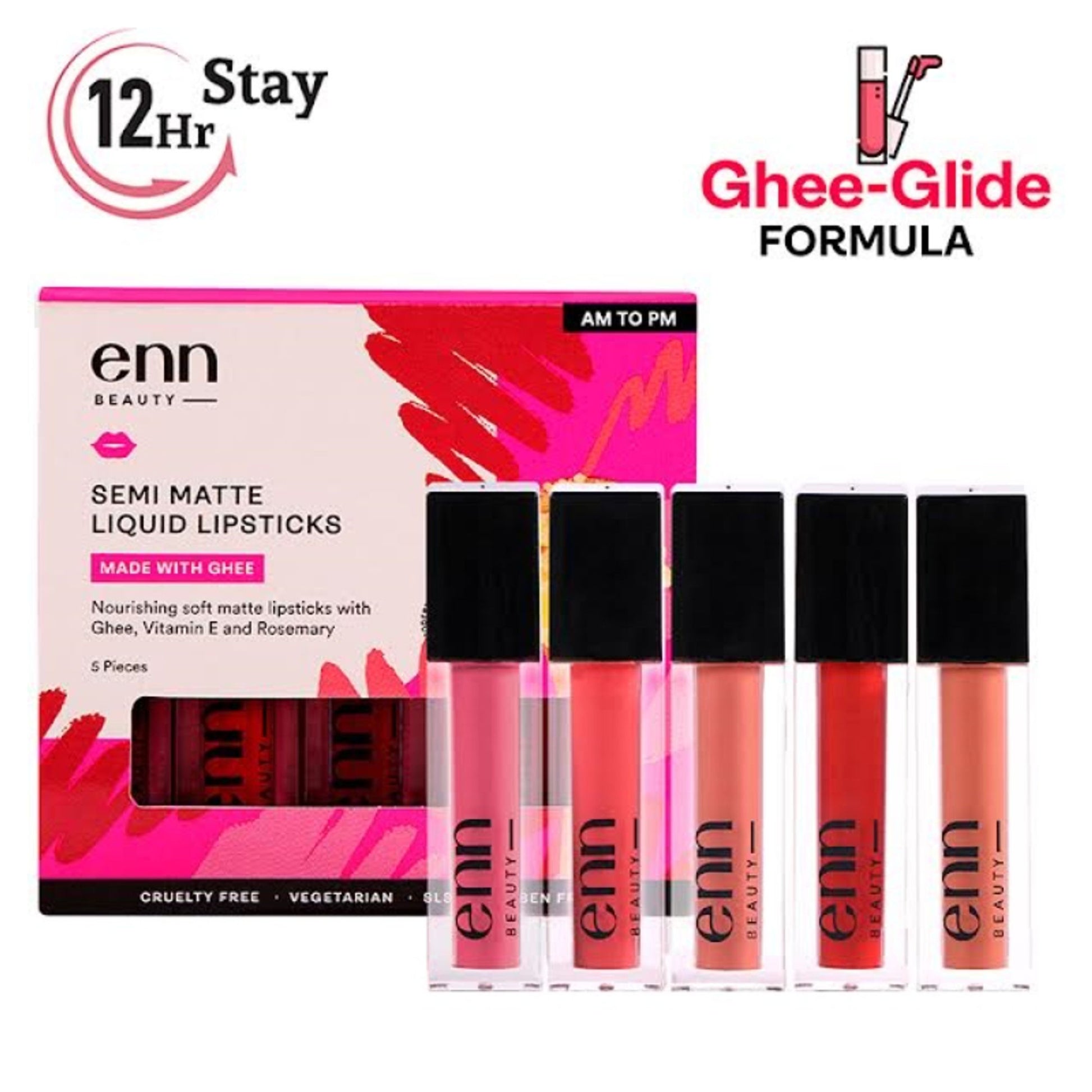 ENN Semi-Matte 12-Hrs Stay & Waterproof Liquid Lipstick Kit For Soft Lips - AM to PM - Set of 5