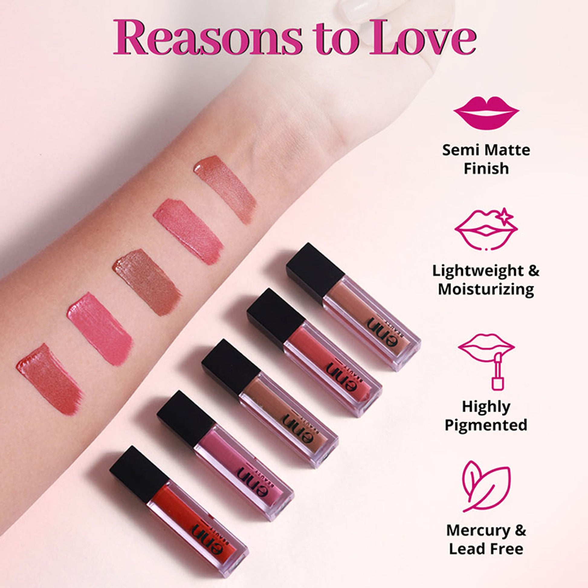 ENN Semi-Matte 12-Hrs Stay & Waterproof Liquid Lipstick Kit For Soft Lips - AM to PM - Set of 5