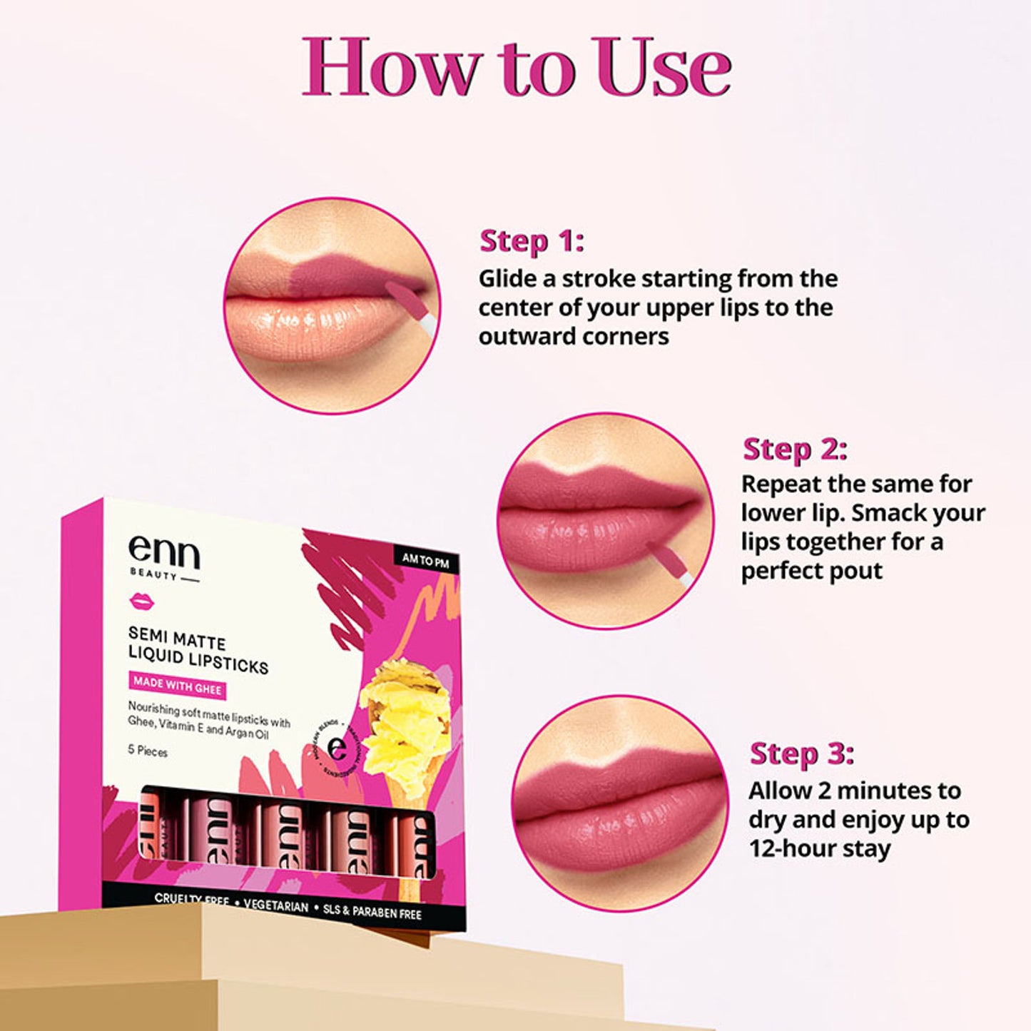 ENN Semi-Matte 12-Hrs Stay & Waterproof Liquid Lipstick Kit For Soft Lips - AM to PM - Set of 5