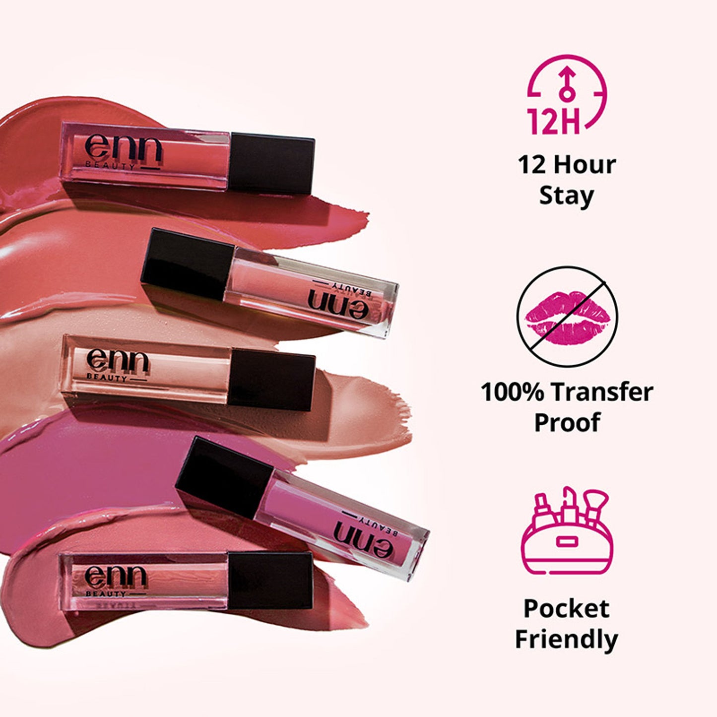 ENN Semi-Matte 12-Hrs Stay & Waterproof Liquid Lipstick Kit For Soft Lips - AM to PM - Set of 5