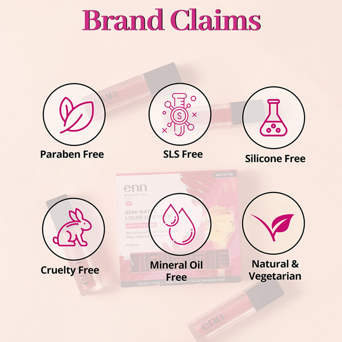 ENN Semi-Matte 12-Hrs Stay & Waterproof Liquid Lipstick Kit For Soft Lips - AM to PM - Set of 5