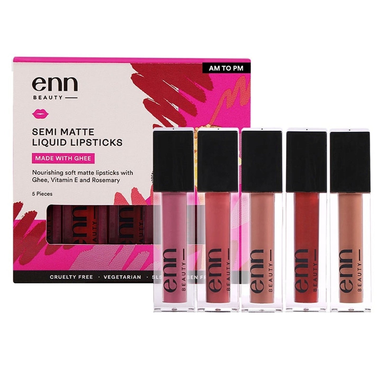 ENN Semi-Matte 12-Hrs Stay & Waterproof Liquid Lipstick Kit For Soft Lips - AM to PM - Set of 5