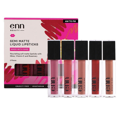 ENN Semi-Matte 12-Hrs Stay & Waterproof Liquid Lipstick Kit For Soft Lips - AM to PM - Set of 5