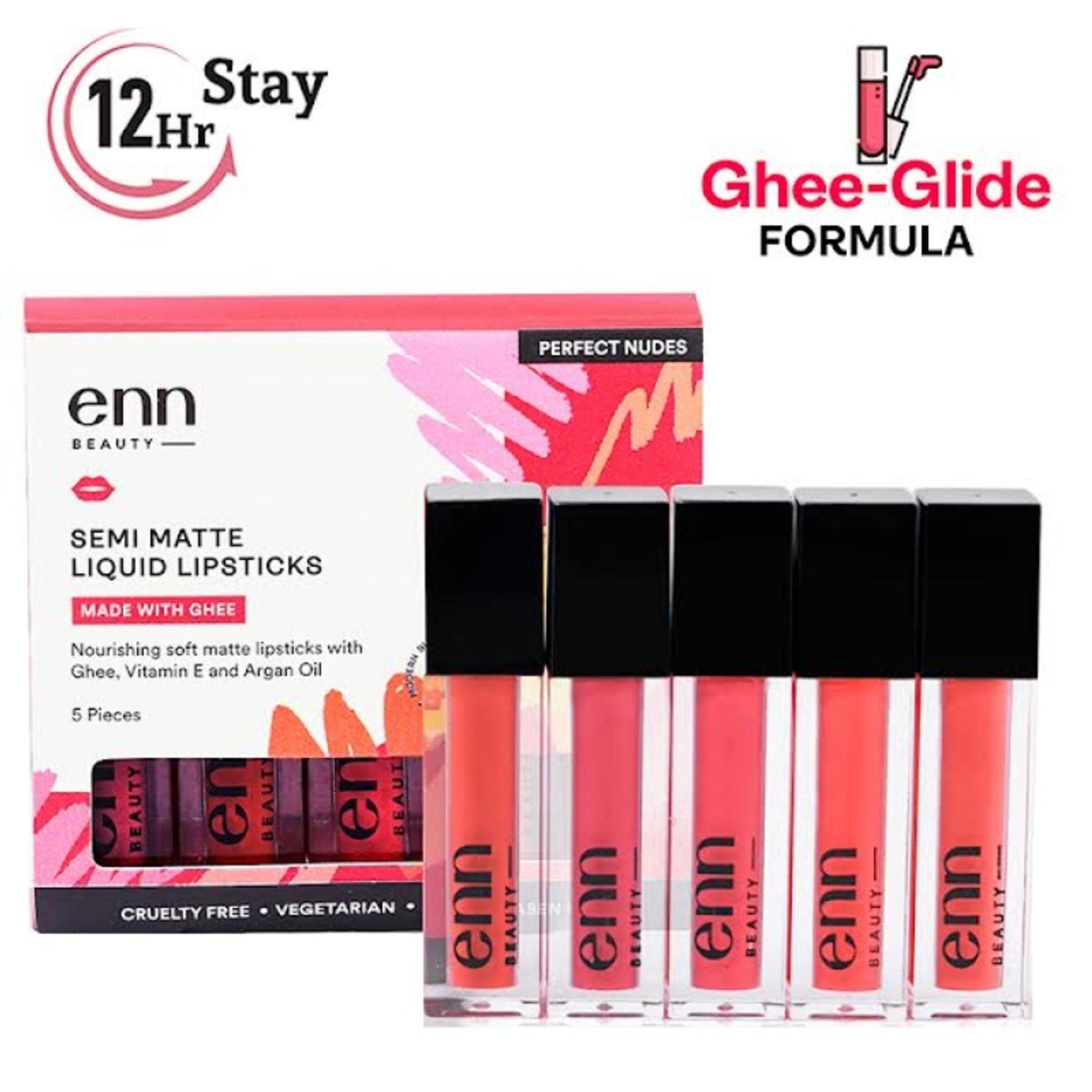 ENN Semi-Matte 12-Hrs Stay & Waterproof Liquid Lipstick Kit For Soft Lips- Perfect Nudes- Set of 5