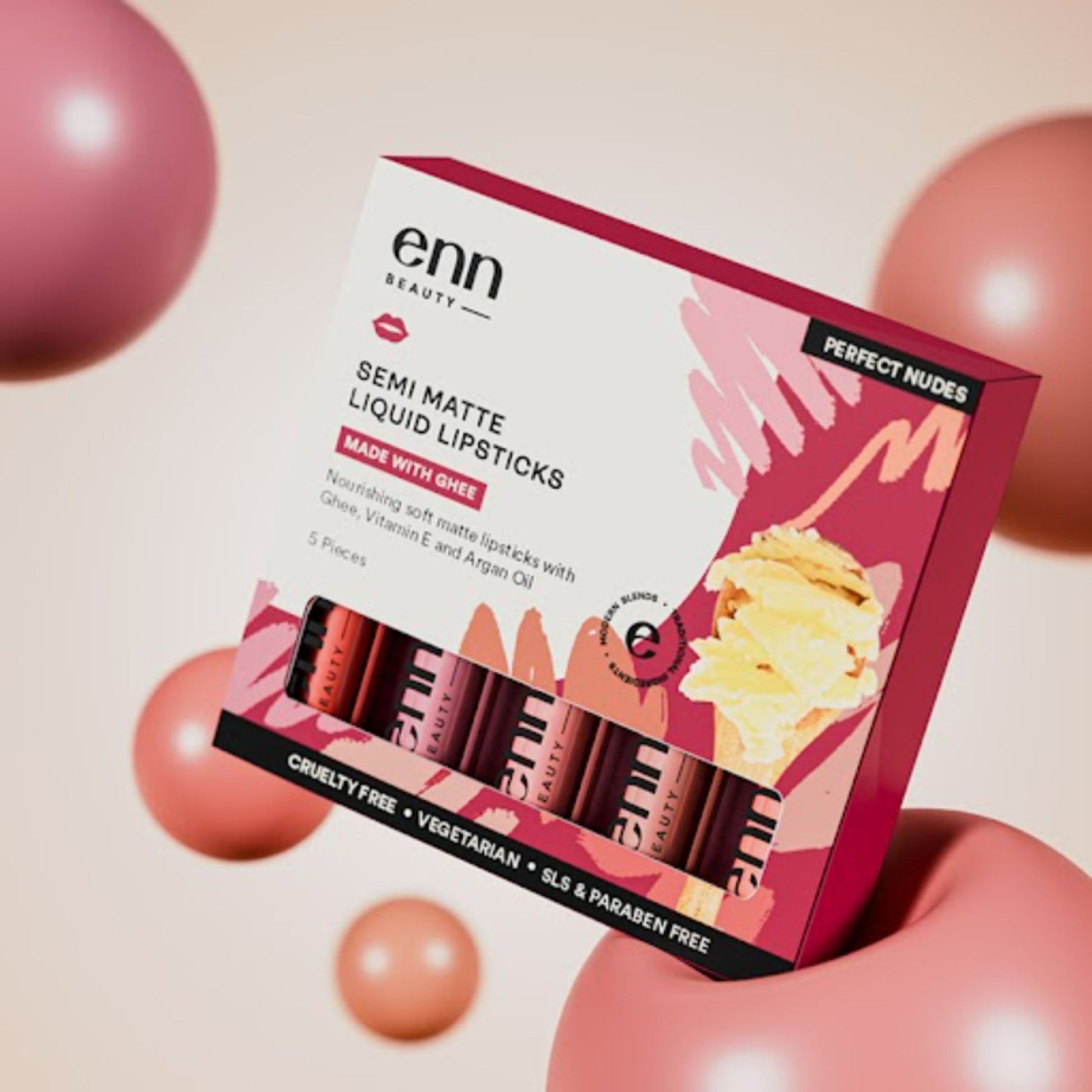 ENN Semi-Matte 12-Hrs Stay & Waterproof Liquid Lipstick Kit For Soft Lips- Perfect Nudes- Set of 5