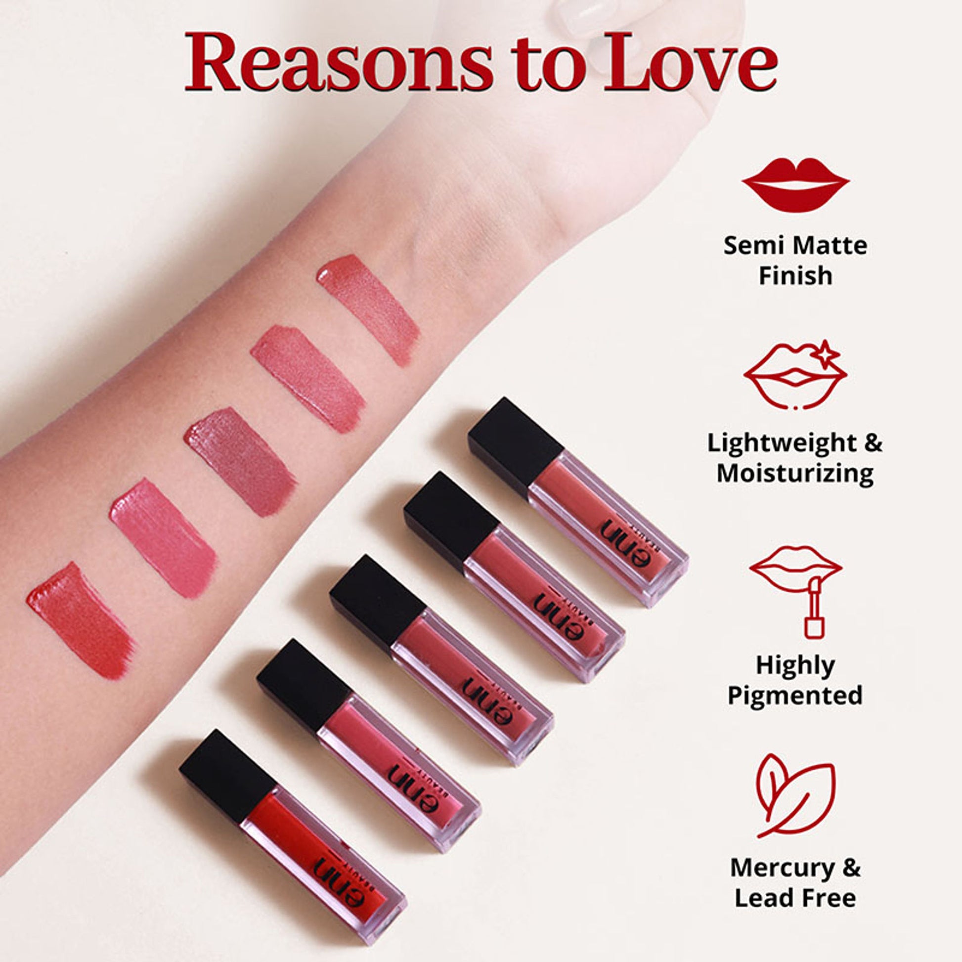 ENN Semi-Matte 12-Hrs Stay & Waterproof Liquid Lipstick Kit For Soft Lips- Perfect Nudes- Set of 5