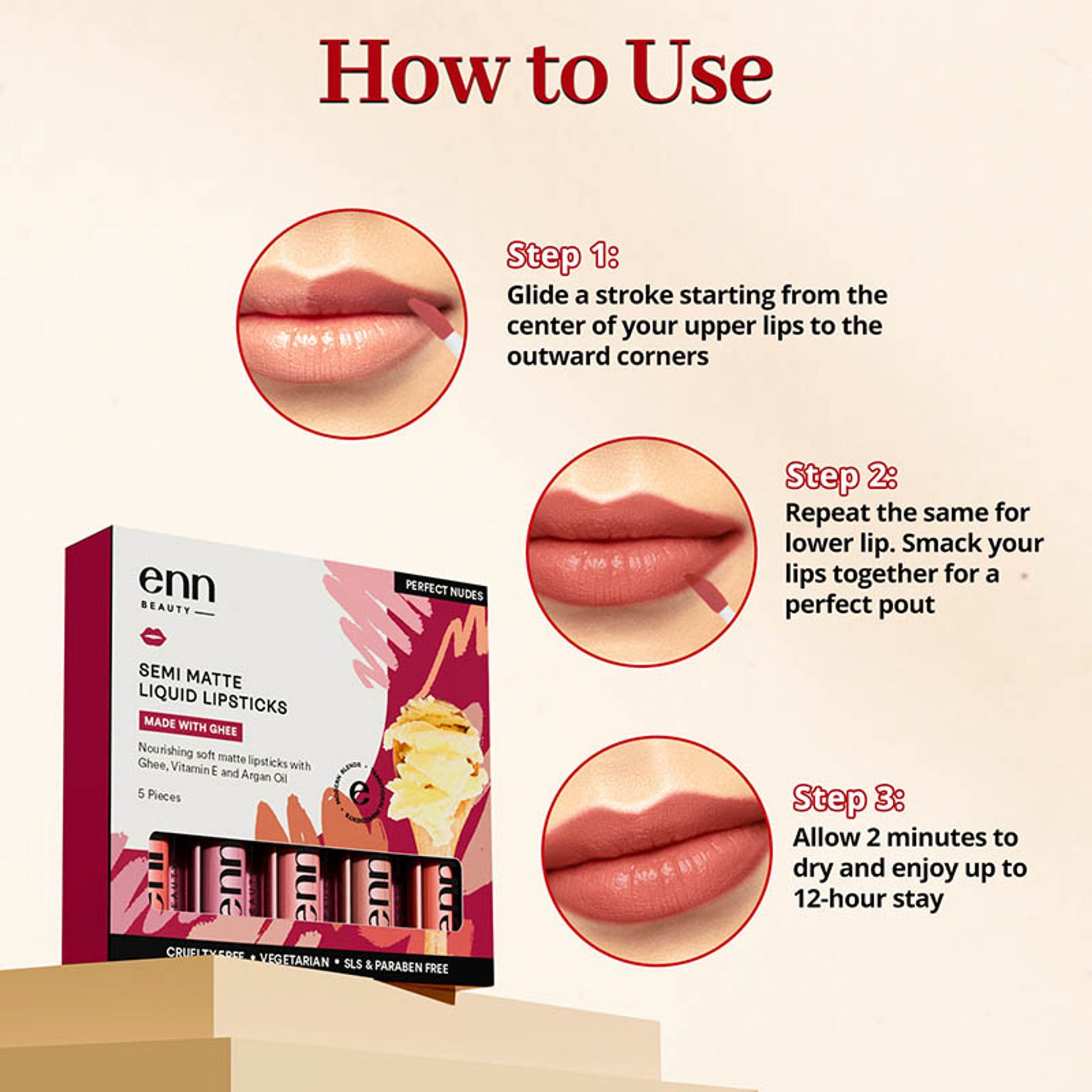 ENN Semi-Matte 12-Hrs Stay & Waterproof Liquid Lipstick Kit For Soft Lips- Perfect Nudes- Set of 5