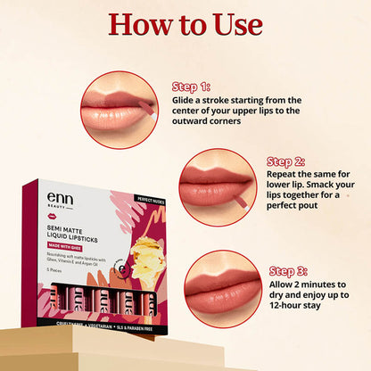 ENN Semi-Matte 12-Hrs Stay & Waterproof Liquid Lipstick Kit For Soft Lips- Perfect Nudes- Set of 5