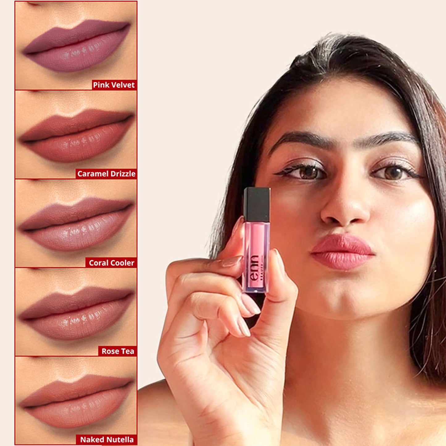 ENN Semi-Matte 12-Hrs Stay & Waterproof Liquid Lipstick Kit For Soft Lips- Perfect Nudes- Set of 5