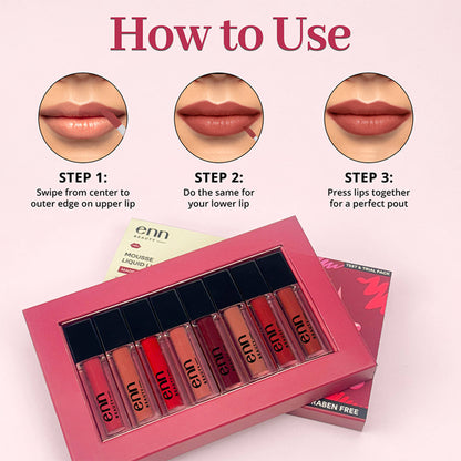ENN Mousse Matte 16H Stay Waterproof Liquid Lipstick Kit - Long - Lasting, Pack of 8
