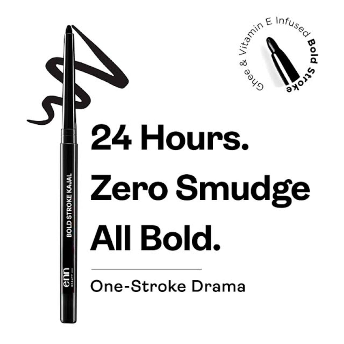 ENN Bold Stroke Kajal in intense black, waterproof and smudge-proof, shown in a close-up of the pencil and eye application.