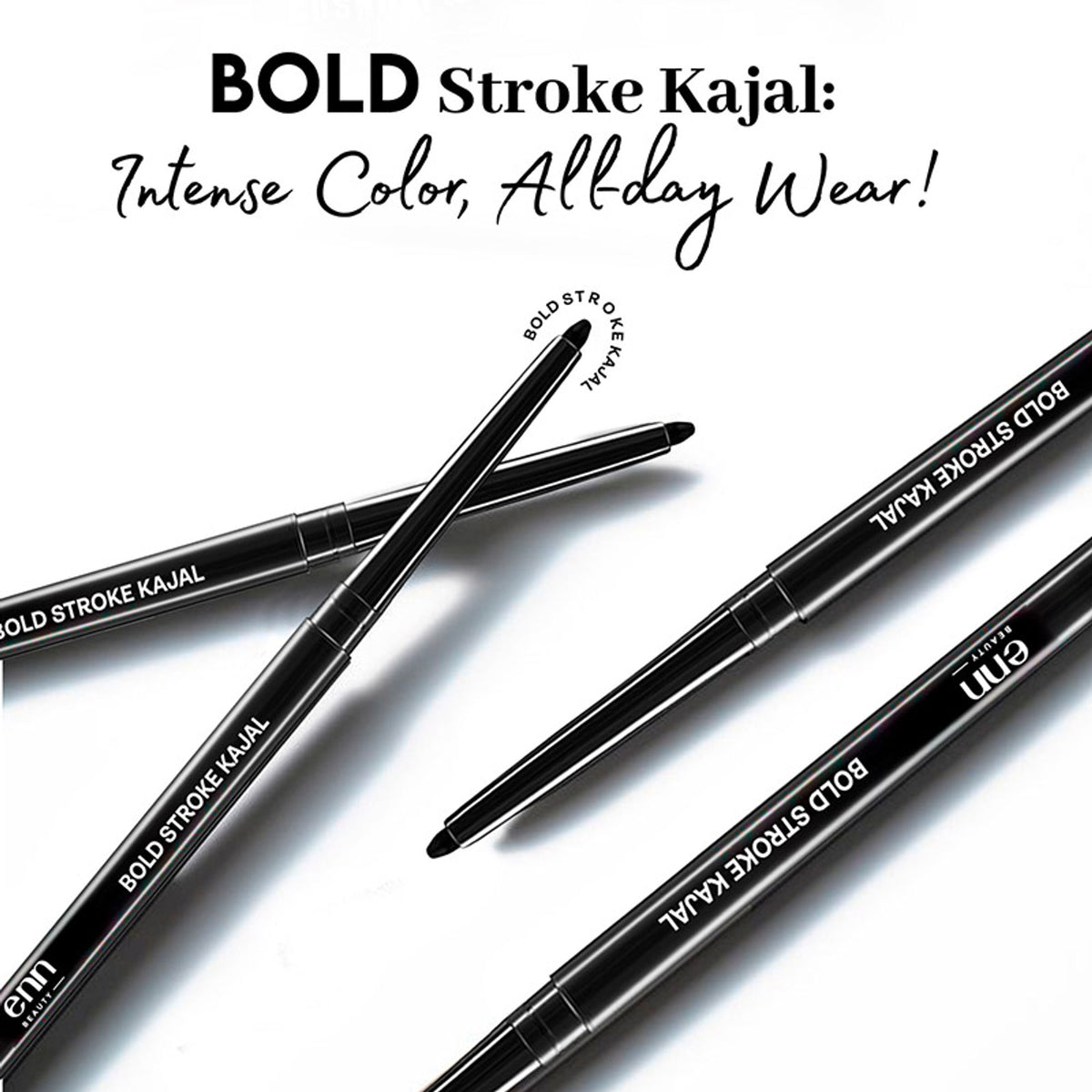ENN Bold Stroke Kajal in intense black, waterproof and smudge-proof eyeliner applied on the eyelid for long-lasting wear.
