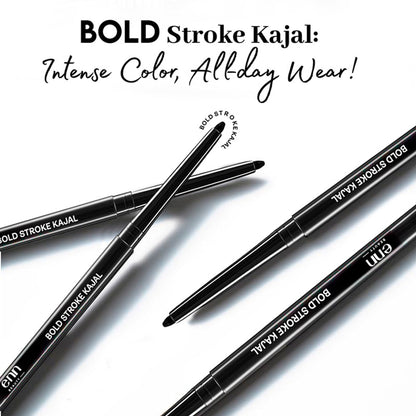 ENN Bold Stroke Kajal in intense black, waterproof and smudge-proof eyeliner applied on the eyelid for long-lasting wear.