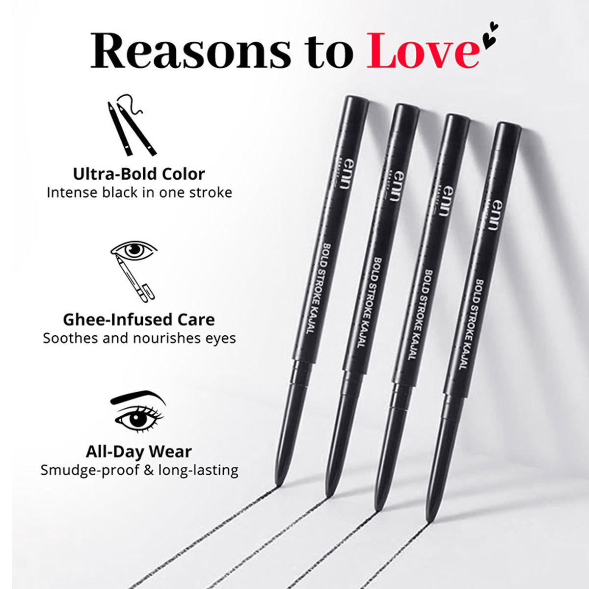 ENN Bold Stroke Kajal in intense black, waterproof and smudge-proof, long-lasting eyeliner applied on the eyes.