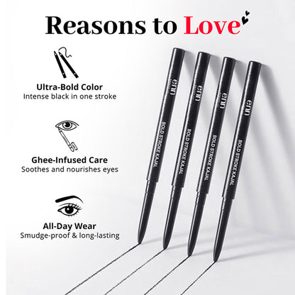 ENN Bold Stroke Kajal in intense black, waterproof and smudge-proof, long-lasting eyeliner applied on the eyes.