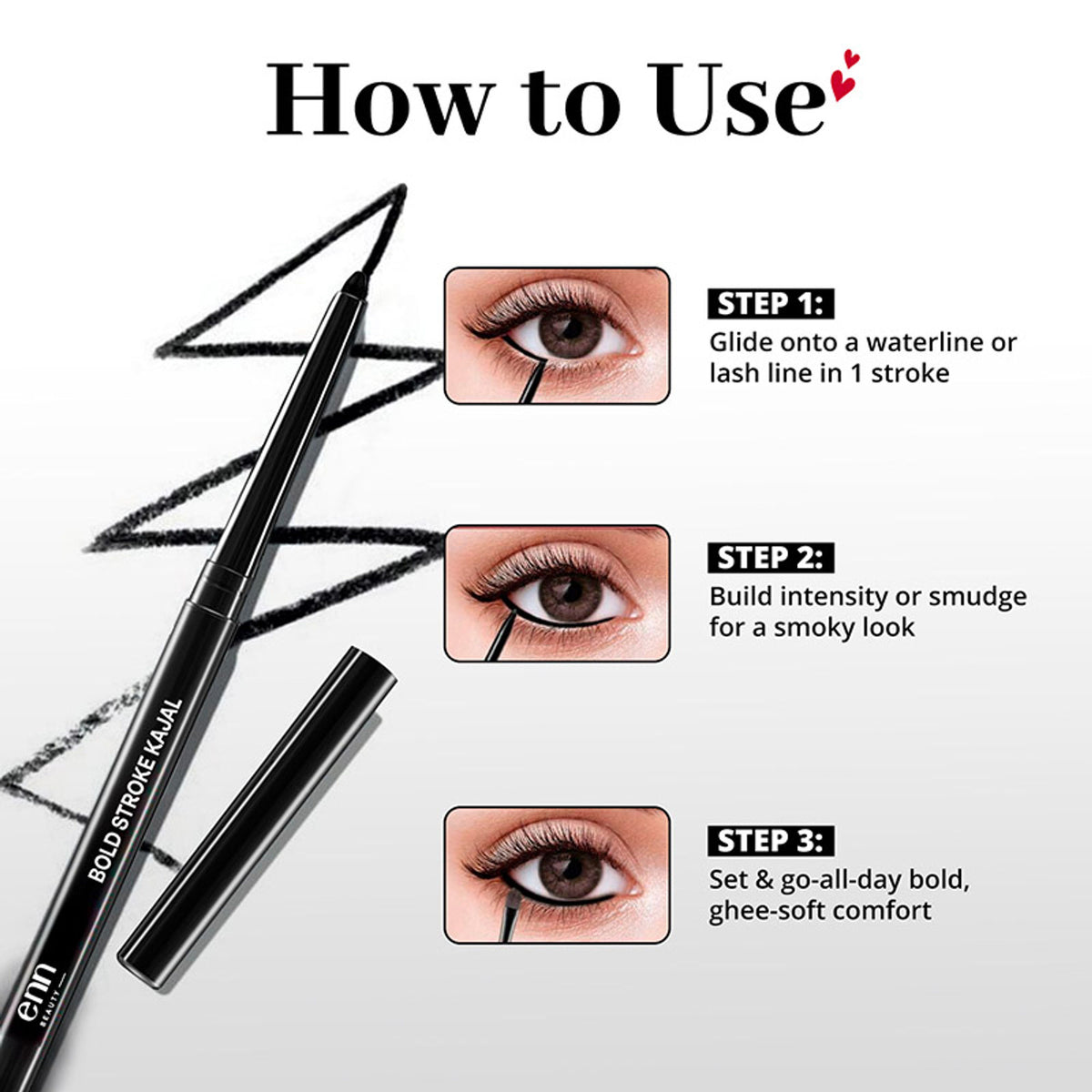ENN Bold Stroke Kajal in intense black, waterproof and smudge-proof eyeliner with long-lasting formula, shown in a close-up image.