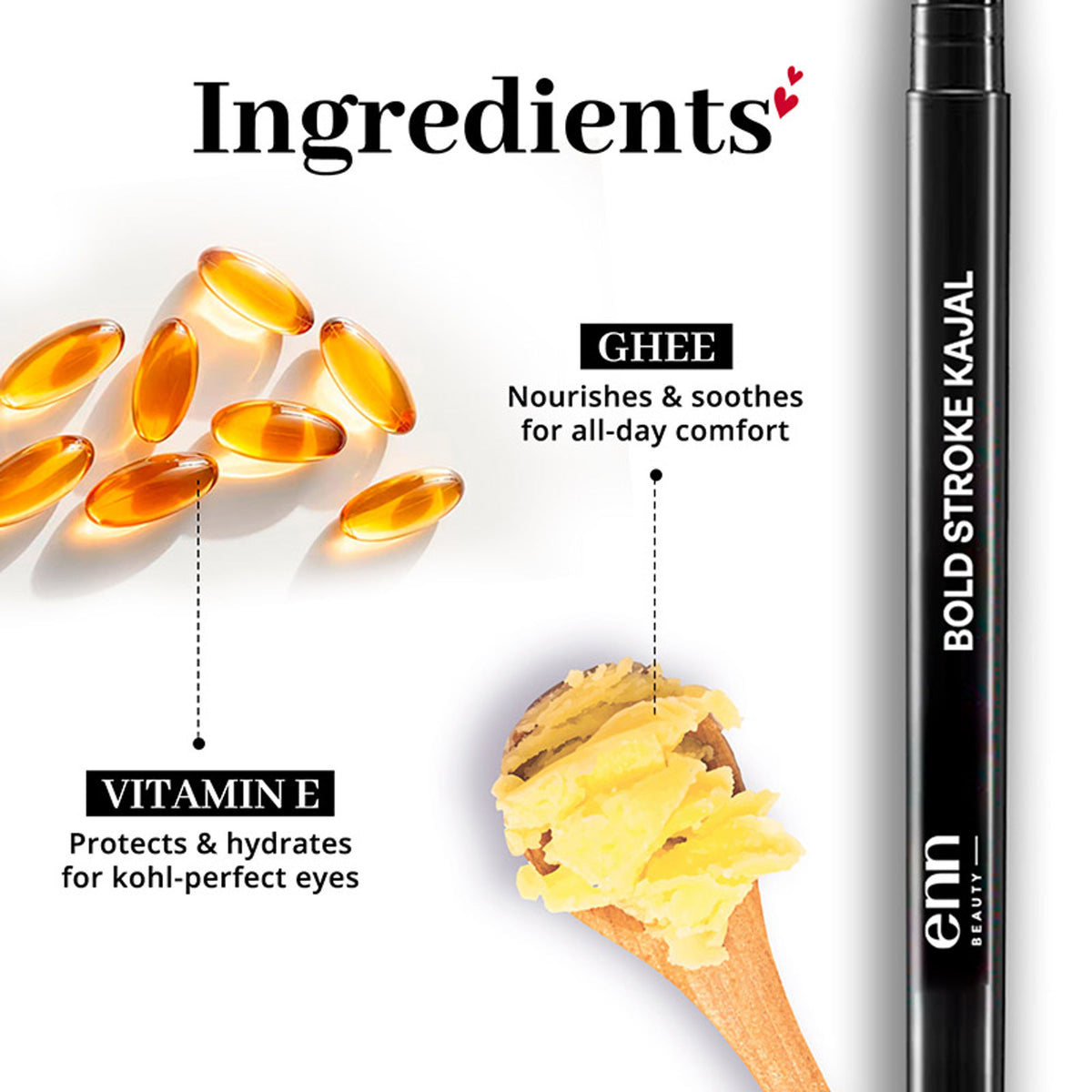 ENN Bold Stroke Kajal in intense black, 24-hour waterproof and smudge-proof eyeliner displayed in a sleek black pencil.
