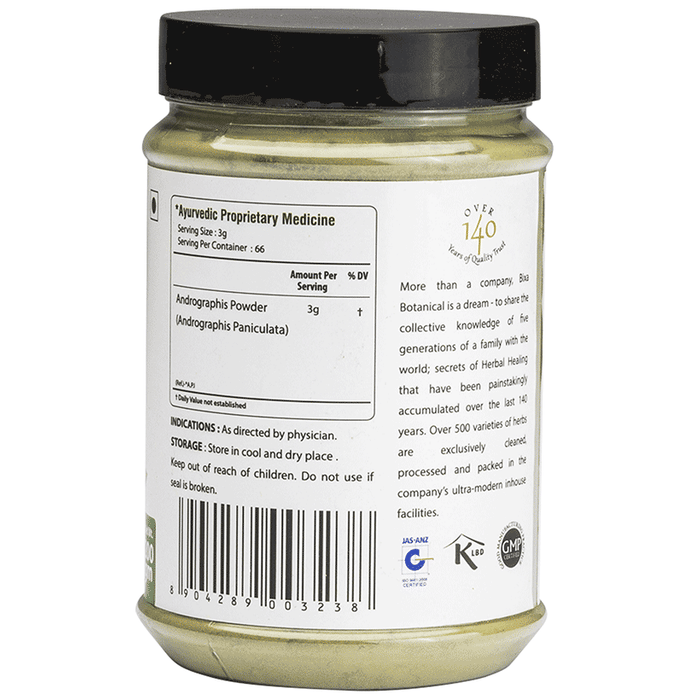 Bixa Botanical Kalmegh powder in a clear container, showing the fine greenish herbal Ayurvedic powder for natural health.