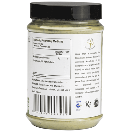 Bixa Botanical Kalmegh powder in a clear container, showing the fine greenish herbal Ayurvedic powder for natural health.