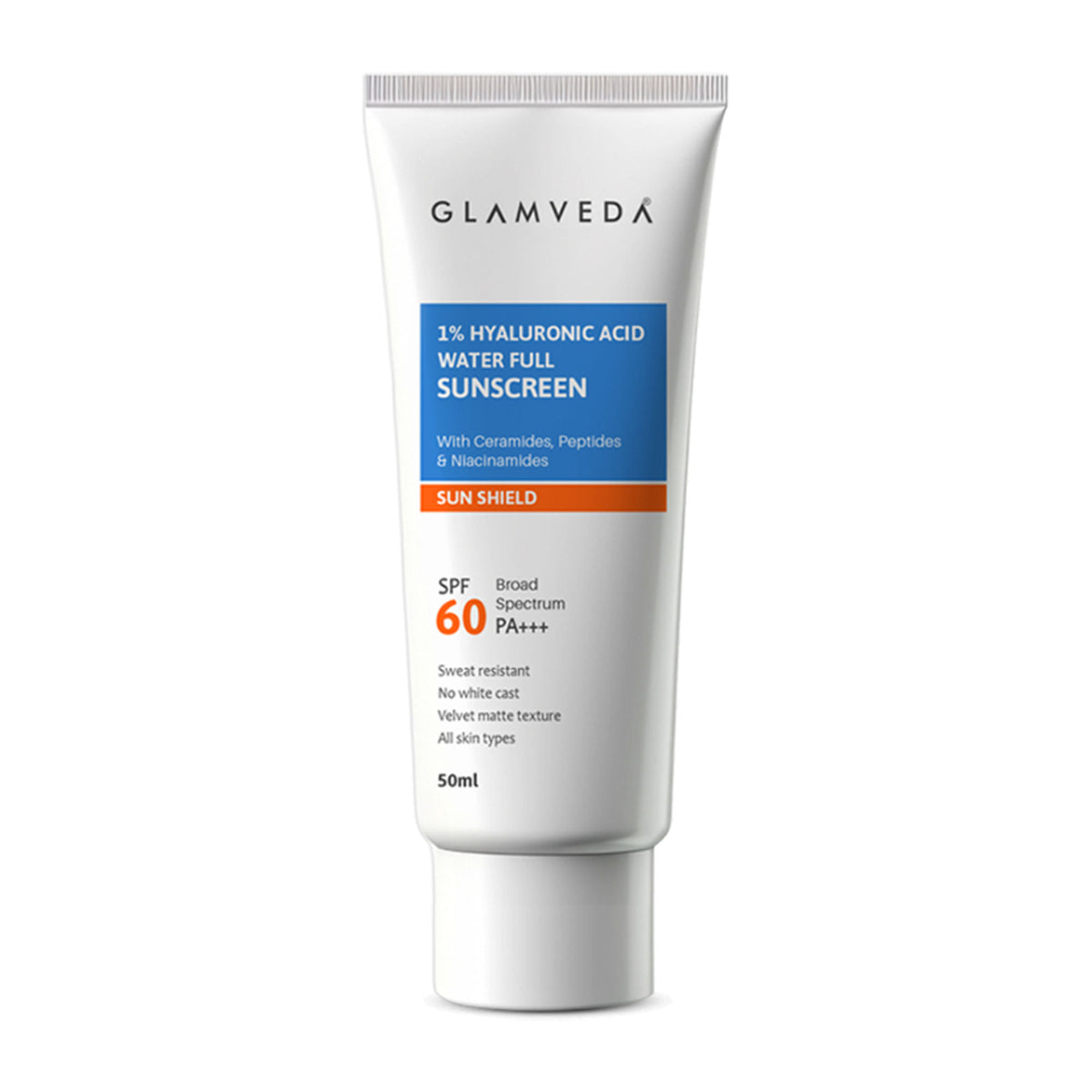 Glamveda 1% Hyaluronic Acid Sunscreen SPF 60 PA+++ No White Cast & Sweat Resistant, All Skin Type