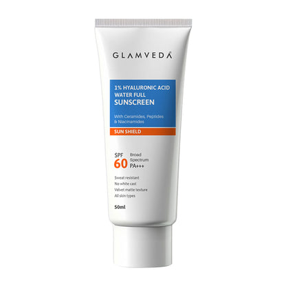 Glamveda 1% Hyaluronic Acid Sunscreen SPF 60 PA+++ No White Cast & Sweat Resistant, All Skin Type