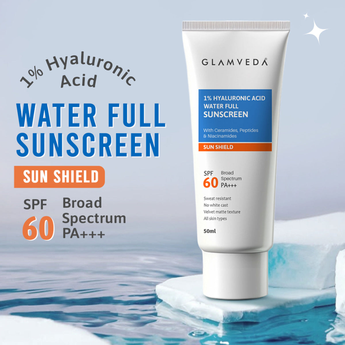 Glamveda 1% Hyaluronic Acid Sunscreen SPF 60 PA+++ No White Cast & Sweat Resistant, All Skin Type