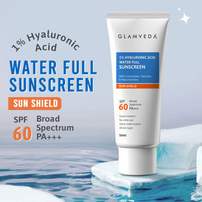 Glamveda 1% Hyaluronic Acid Sunscreen SPF 60 PA+++ No White Cast & Sweat Resistant, All Skin Type