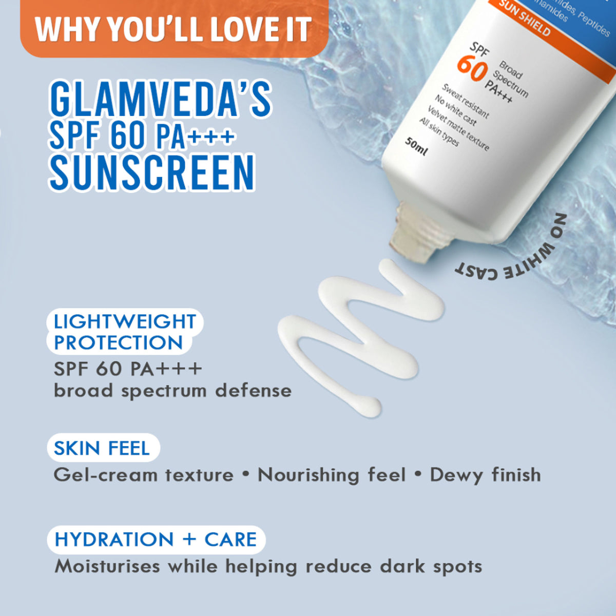 Glamveda 1% Hyaluronic Acid Sunscreen SPF 60 PA+++ No White Cast & Sweat Resistant, All Skin Type