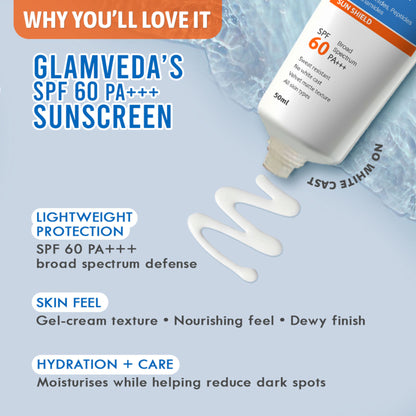 Glamveda 1% Hyaluronic Acid Sunscreen SPF 60 PA+++ No White Cast & Sweat Resistant, All Skin Type