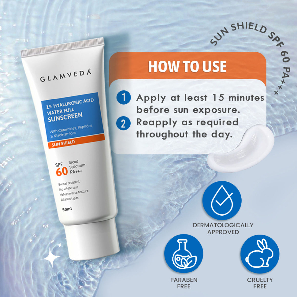 Glamveda 1% Hyaluronic Acid Sunscreen SPF 60 PA+++ No White Cast & Sweat Resistant, All Skin Type