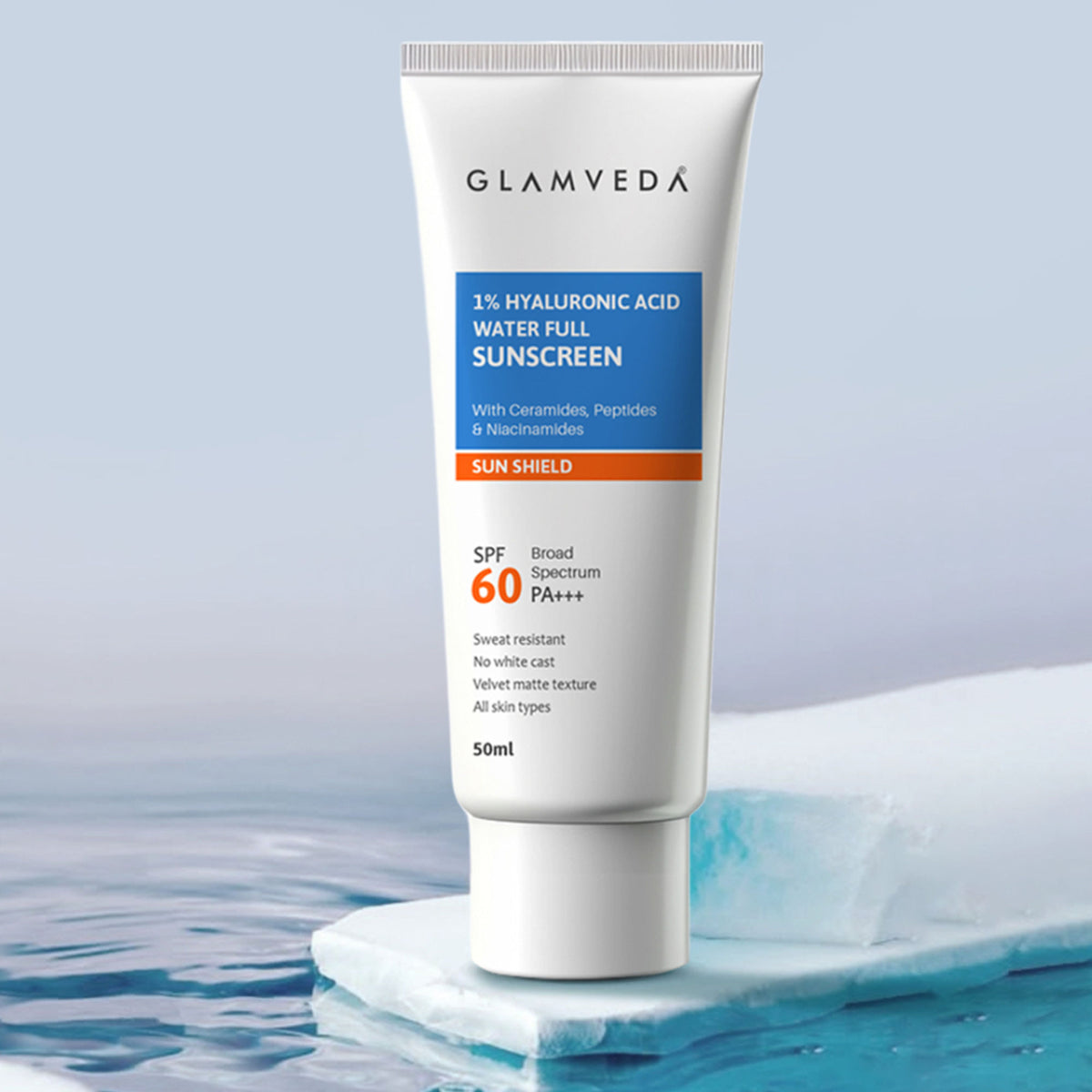 Glamveda 1% Hyaluronic Acid Sunscreen SPF 60 PA+++ No White Cast & Sweat Resistant, All Skin Type