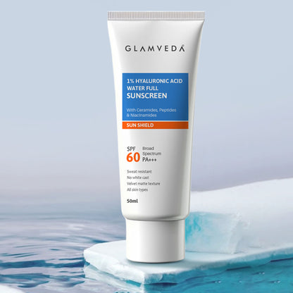 Glamveda 1% Hyaluronic Acid Sunscreen SPF 60 PA+++ No White Cast & Sweat Resistant, All Skin Type
