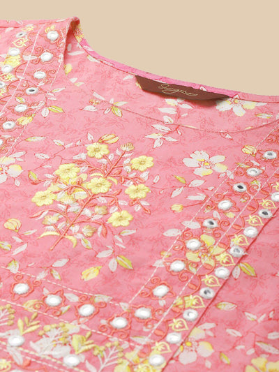 Indyancart SN Women's Floral Printed Pure-Cotton Straight Kurta With Trouser & Dupatta