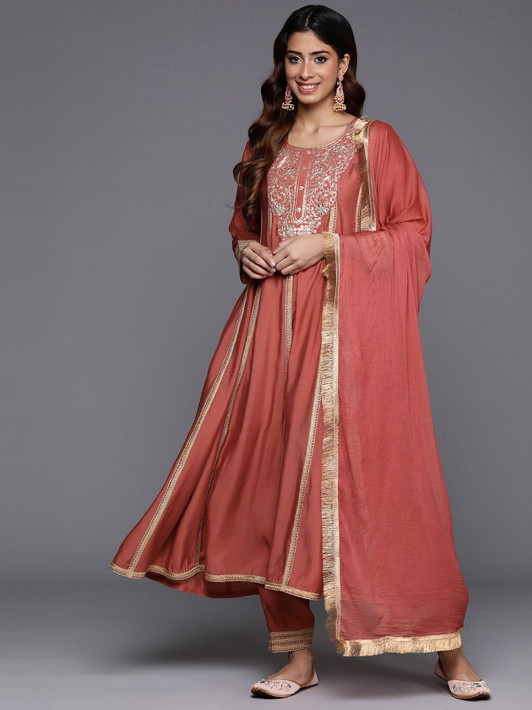 Indyancart VA Women'sFloral Embroidered Panelled Sequinned Kurta with Trousers & Dupatta