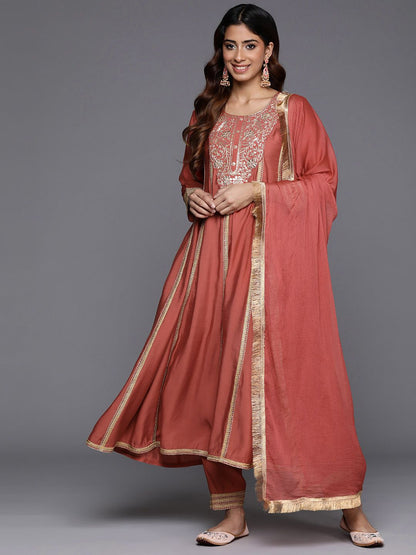 Indyancart VA Women'sFloral Embroidered Panelled Sequinned Kurta with Trousers & Dupatta