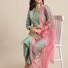 Indyancart VA Women's Sea Green Thread Embroidered Yoke Textured Kurta with Trouser