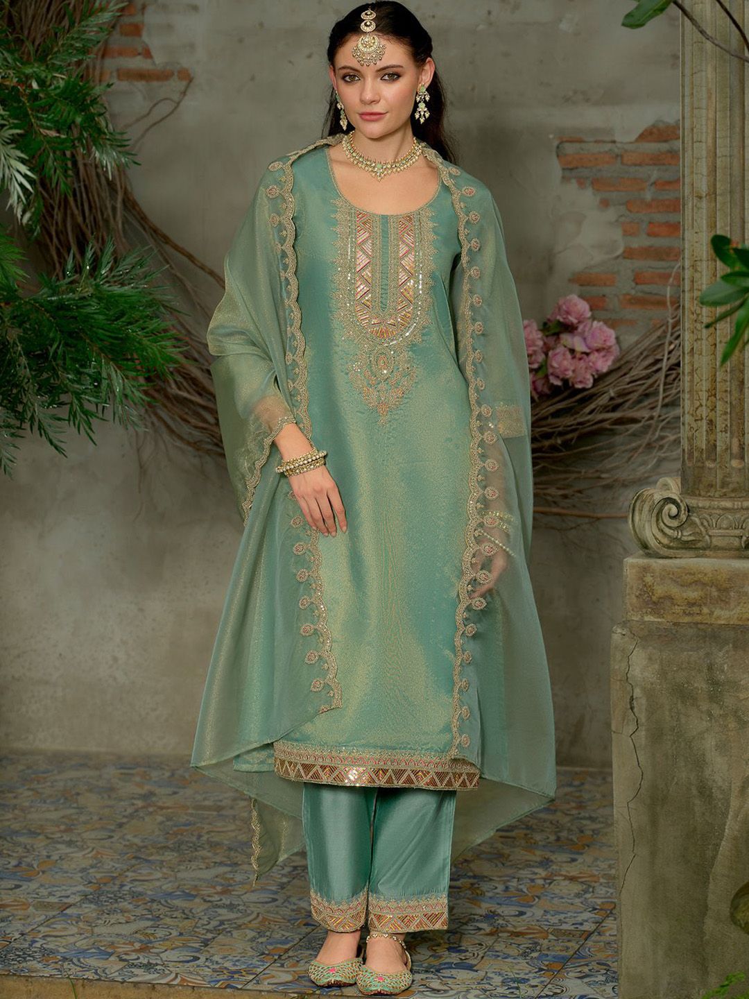 Indyancart IE Women's Ethnic Motifs Embroidered Kurta with Trousers & Dupatta