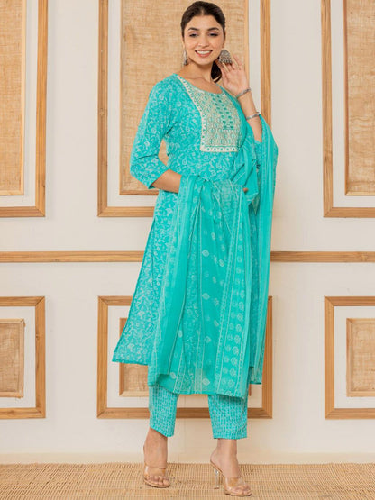 Dhiyona VA Women's Floral Printed Regular Thread Work Kurta with Trousers & With Dupatta