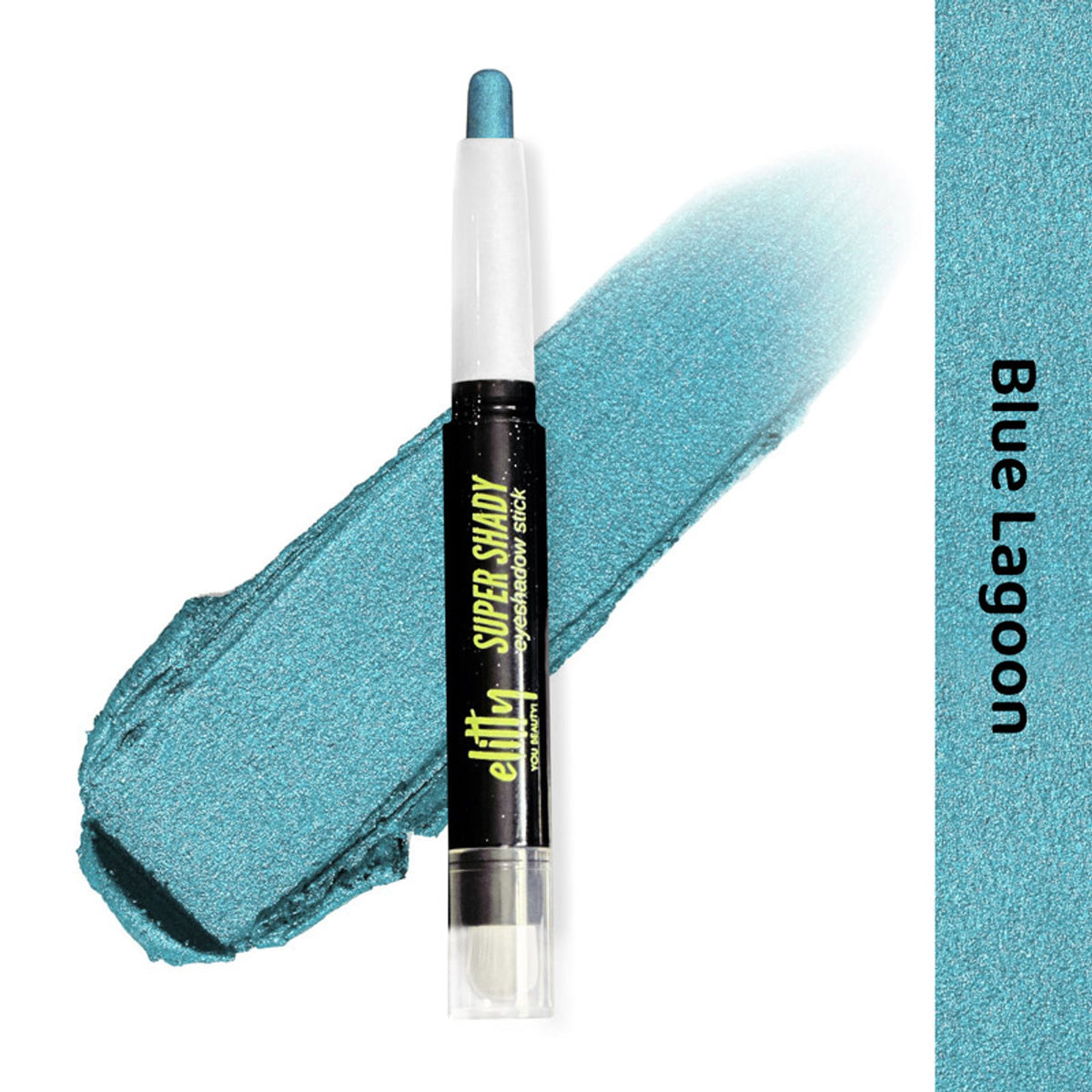 Elitty Eyeshadow Stick in Blue Lagoon with vibrant blue and shimmering finish, sleek packaging, and smooth application visible in the image.